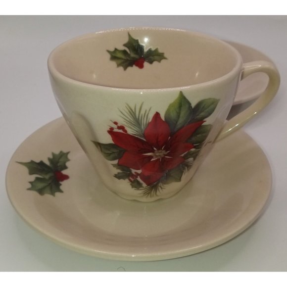 Lily Creek Incomplete Porcelain Tea Set Poinsetta Teapot Creamer Cup 2 Saucers - Picture 12 of 12